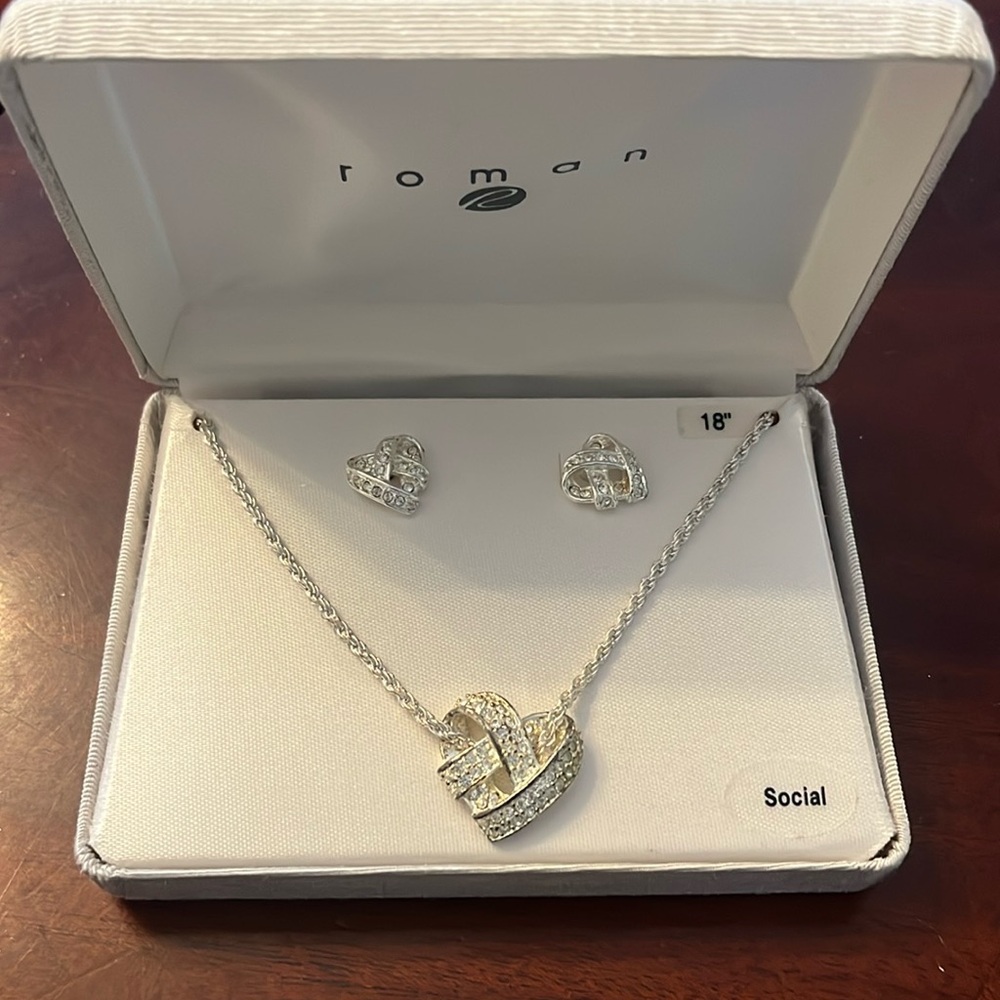 Vintage Roman Silver and Cubic Zarconia 18” Heart Necklace and Earrings Set.
